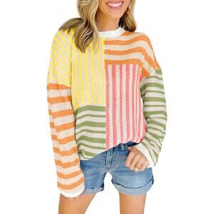 New Medium Oversized, Color Block Crewneck Loose Knit Sweater